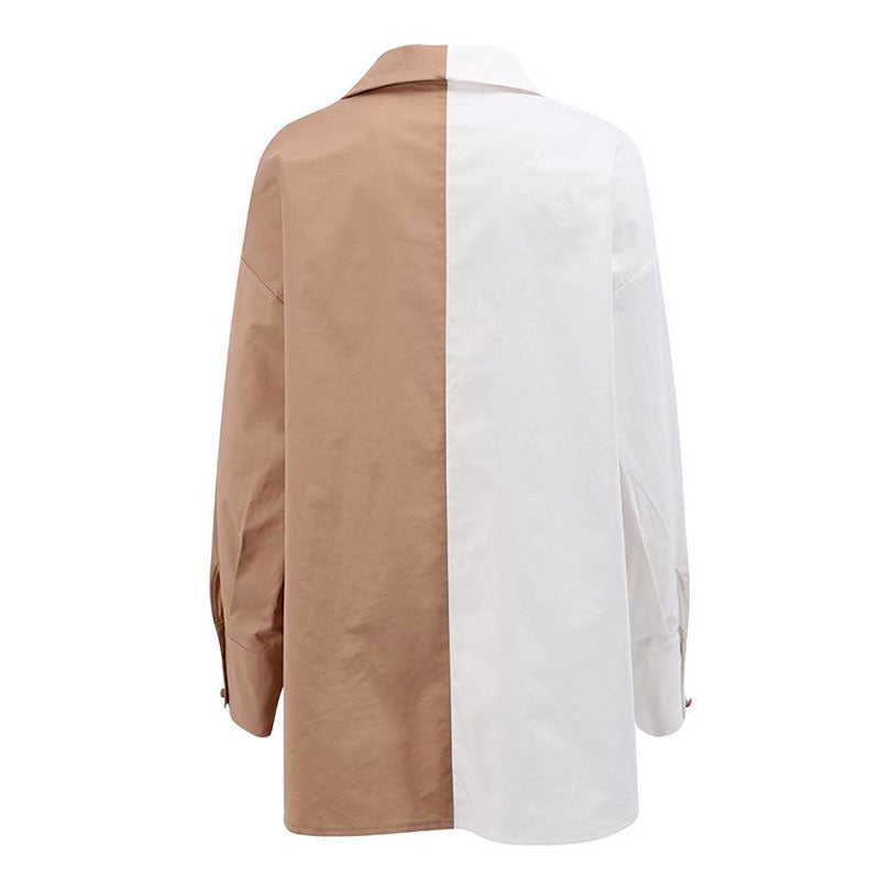 Oversized Color Block Button Down Pocketed Shorts Matching Set - Khaki - Fashionpara