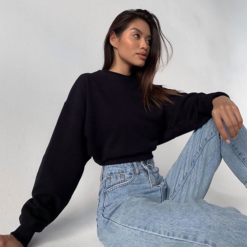 Drop Shoulder Long Sleeve Mock Neck Cropped Sweatshirt - Black 2