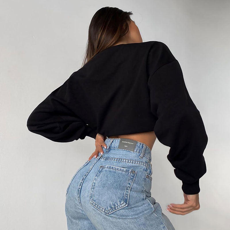 Drop Shoulder Long Sleeve Mock Neck Cropped Sweatshirt - Black 3