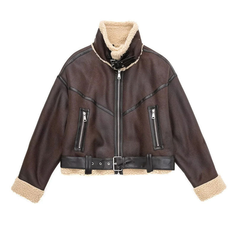 Fleeced Buckle Trim Cropped Coat - Brown 4