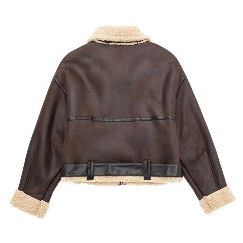 Fleeced Buckle Trim Cropped Coat - Brown 5