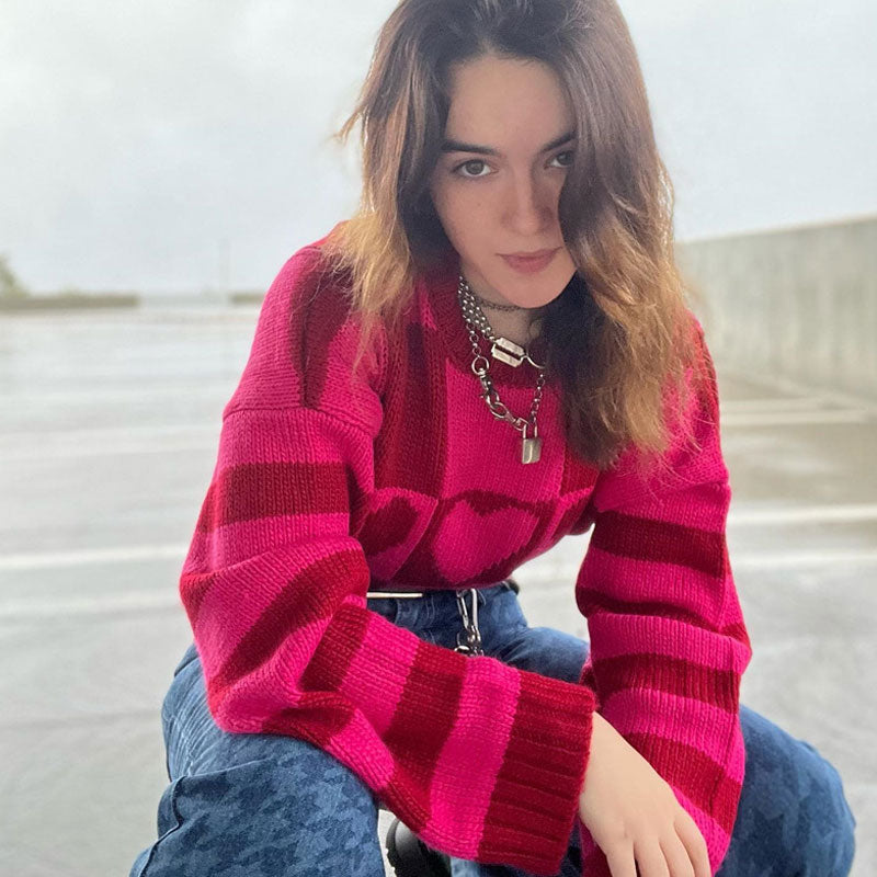 Heart Checkered Pattern Long Sleeve Sweater - Red 4