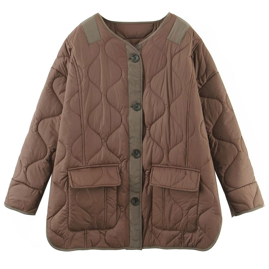 Long Sleeve Button Down Flap Pocket Quilted Jacket - Chocolate 4