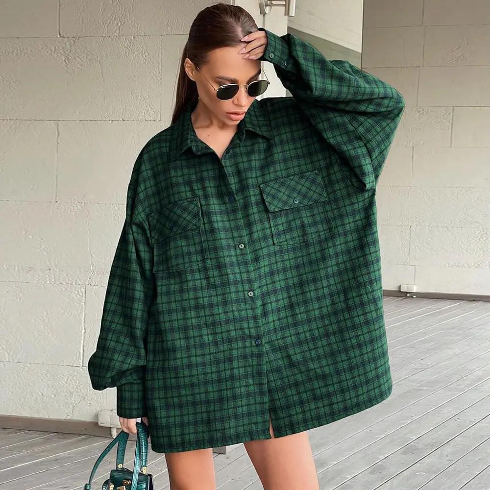 Oversized Plaid Drop Shoulder Bishop Sleeve Button Up Shirt - Emerald Green - Fashionpara