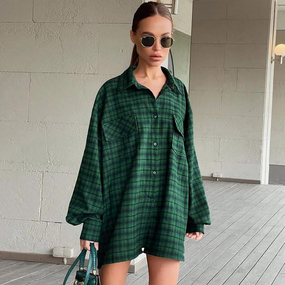 Oversized Plaid Drop Shoulder Bishop Sleeve Button Up Shirt - Emerald Green - Fashionpara