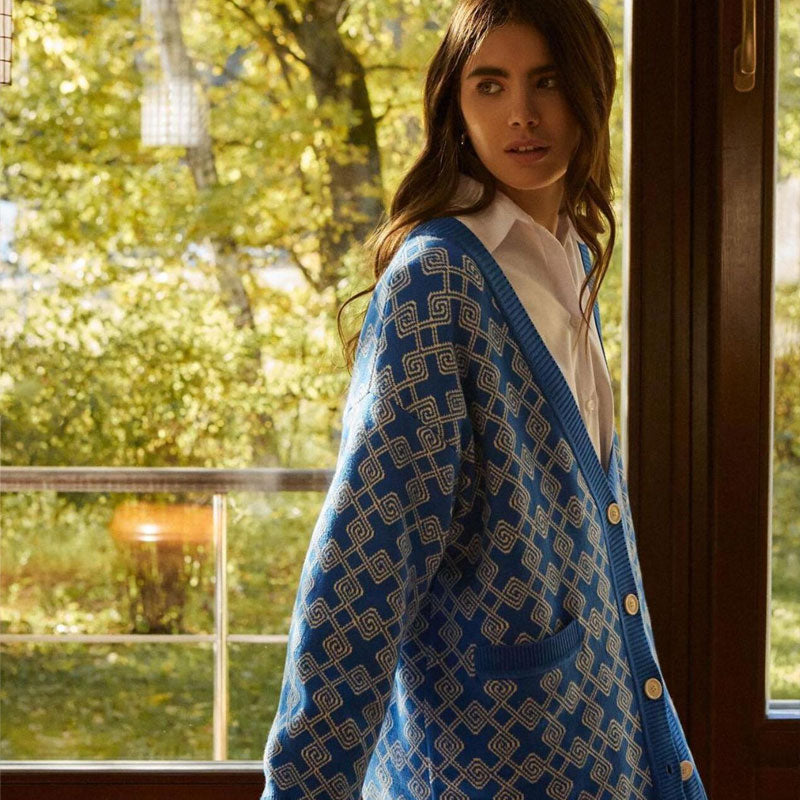 Print V Neck Button Up Long Sleeve Ribbed Cardigan - Blue 3