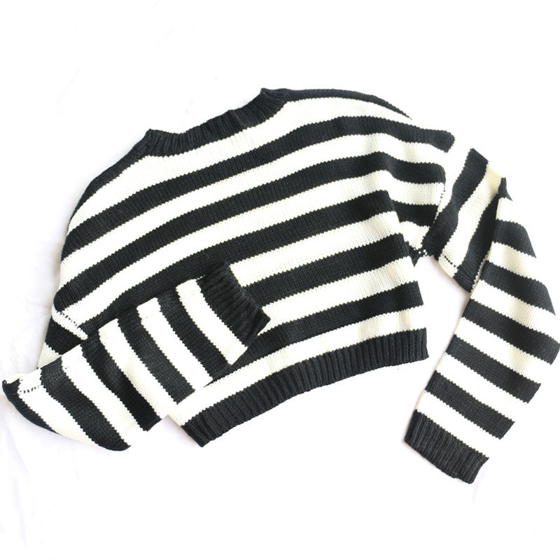 Pullover Long Sleeve Cropped Striped Sweater - Stripe 4