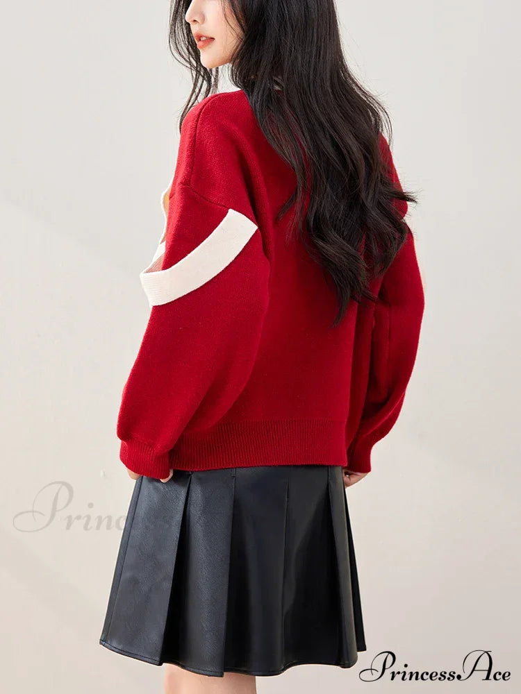 Oversized Red Bow Winter Patchwork Soft Long Sleeve Christmas Sweater