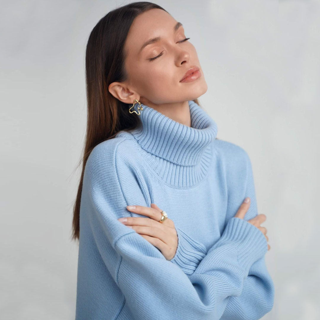 High Low Turtleneck Long Sleeve Sweater - Baby Blue 2