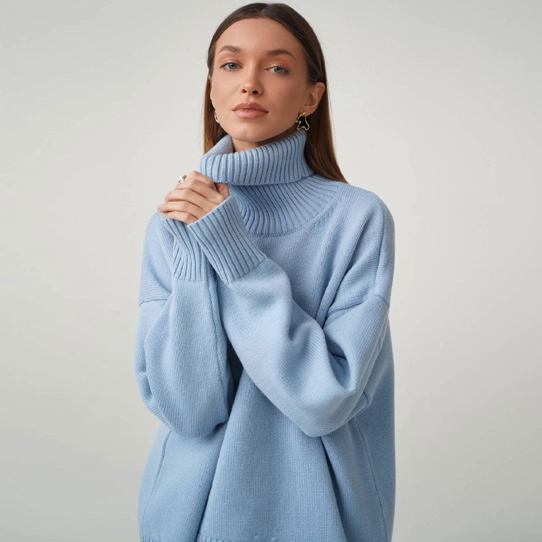 High Low Turtleneck Long Sleeve Sweater - Baby Blue 3