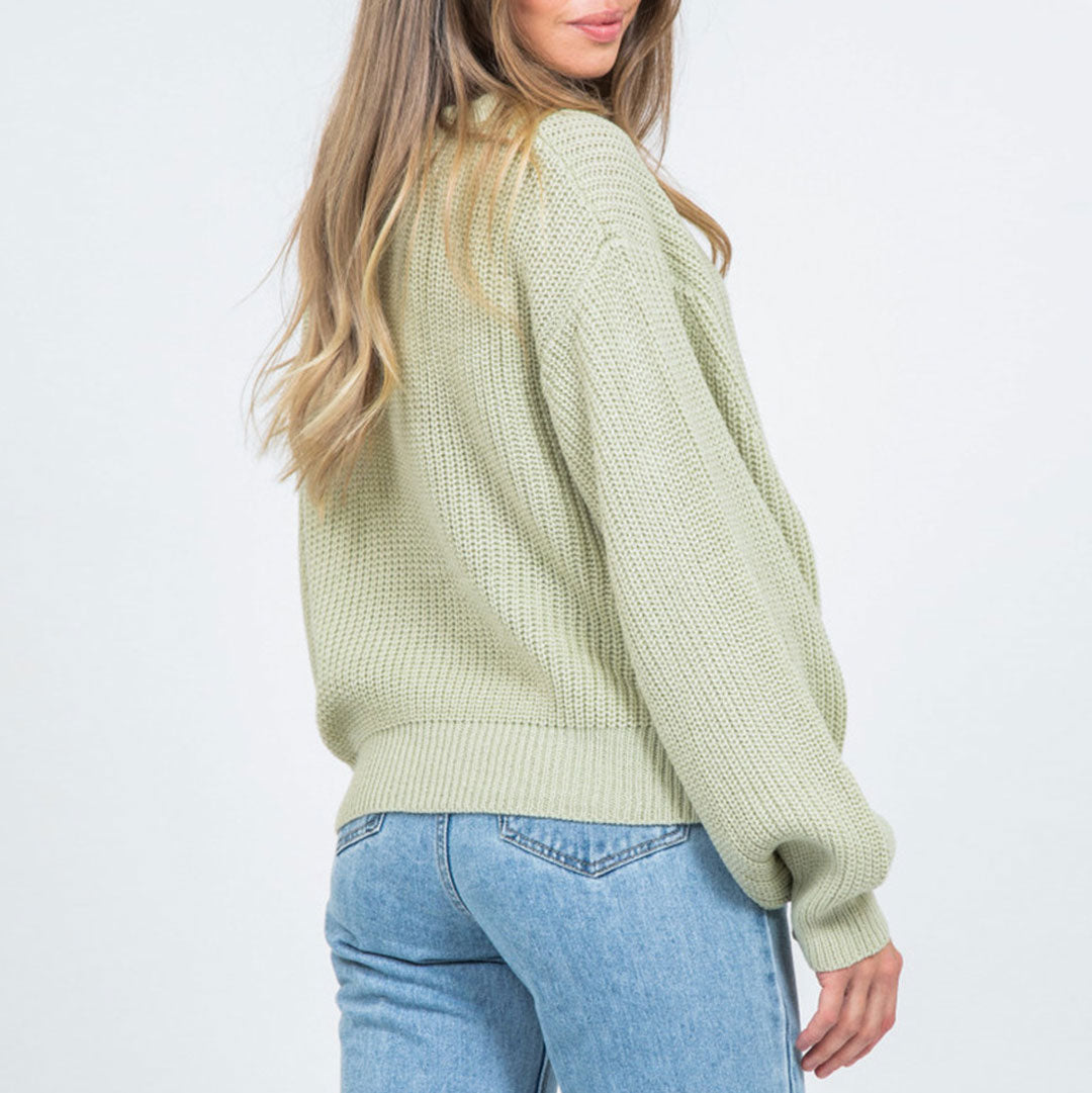 Round Neck Bishop Sleeve Pullover Sweater - Sage Green 2