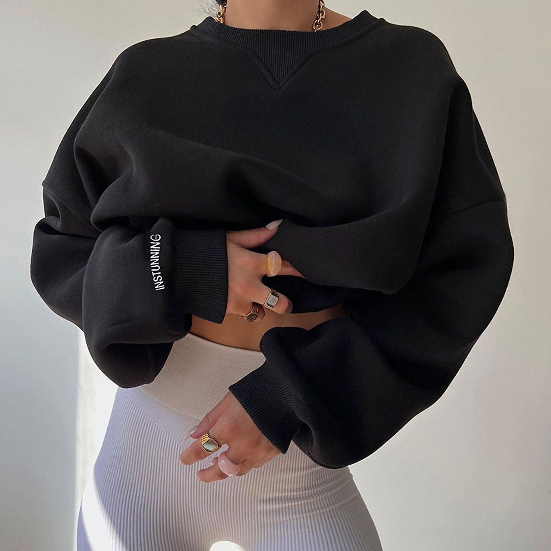 Lettering Trim Drop Shoulder Long Sleeve Sweatshirt - Black