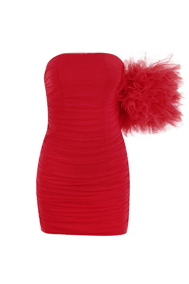 Mesh Strapless Oversized Ruffle Ruched Bodycon Mini Dress 5