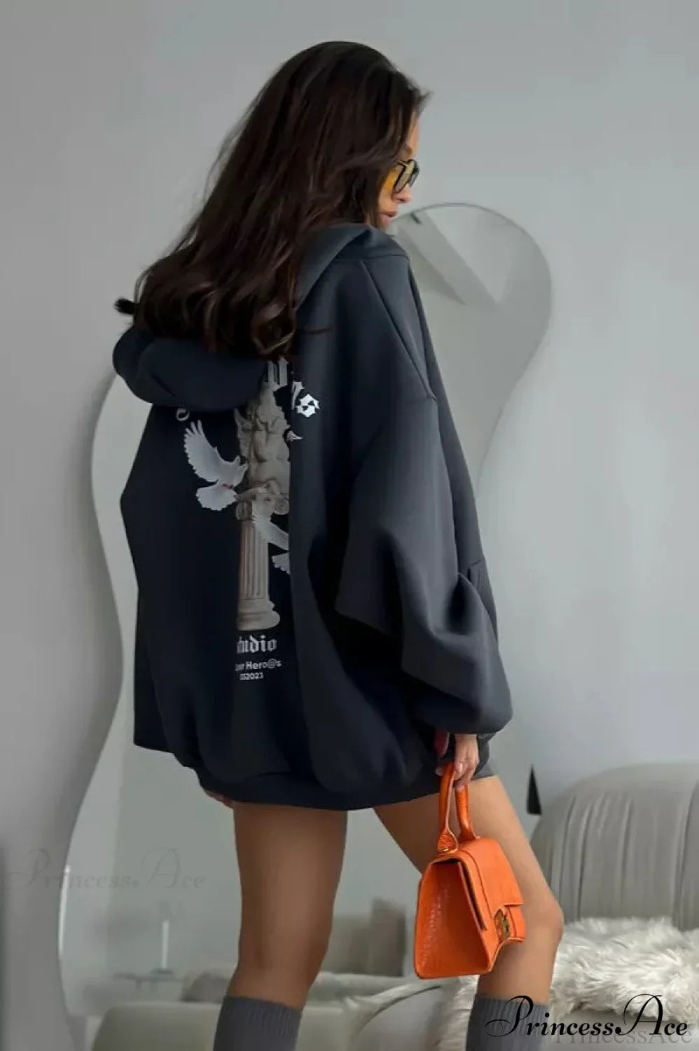 Oversized Street Casual Angel Print Zip-Up Hoodie