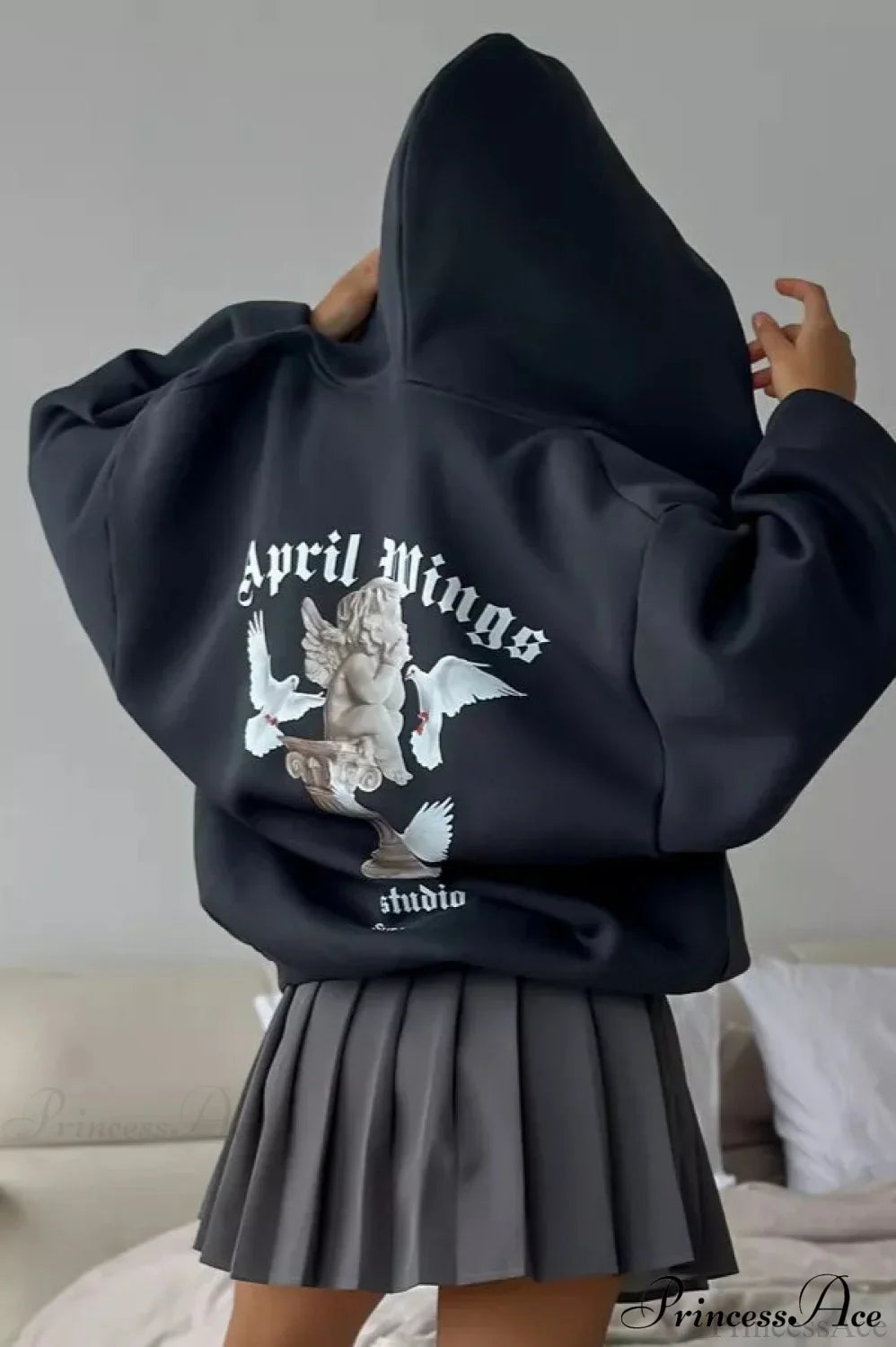 Oversized Street Casual Angel Print Zip-Up Hoodie Black / S