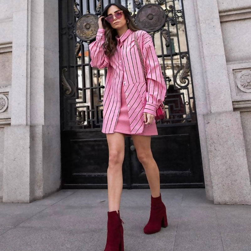 Oversized Stripe Print Button Down Long Sleeve Pointed Collar Shirt - Pink - Fashionpara