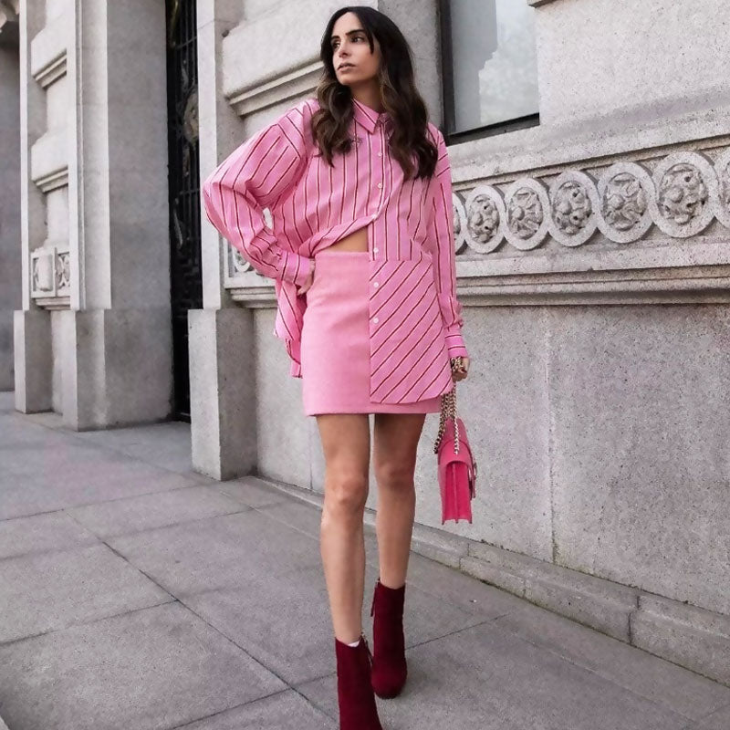 Oversized Stripe Print Button Down Long Sleeve Pointed Collar Shirt - Pink - Fashionpara