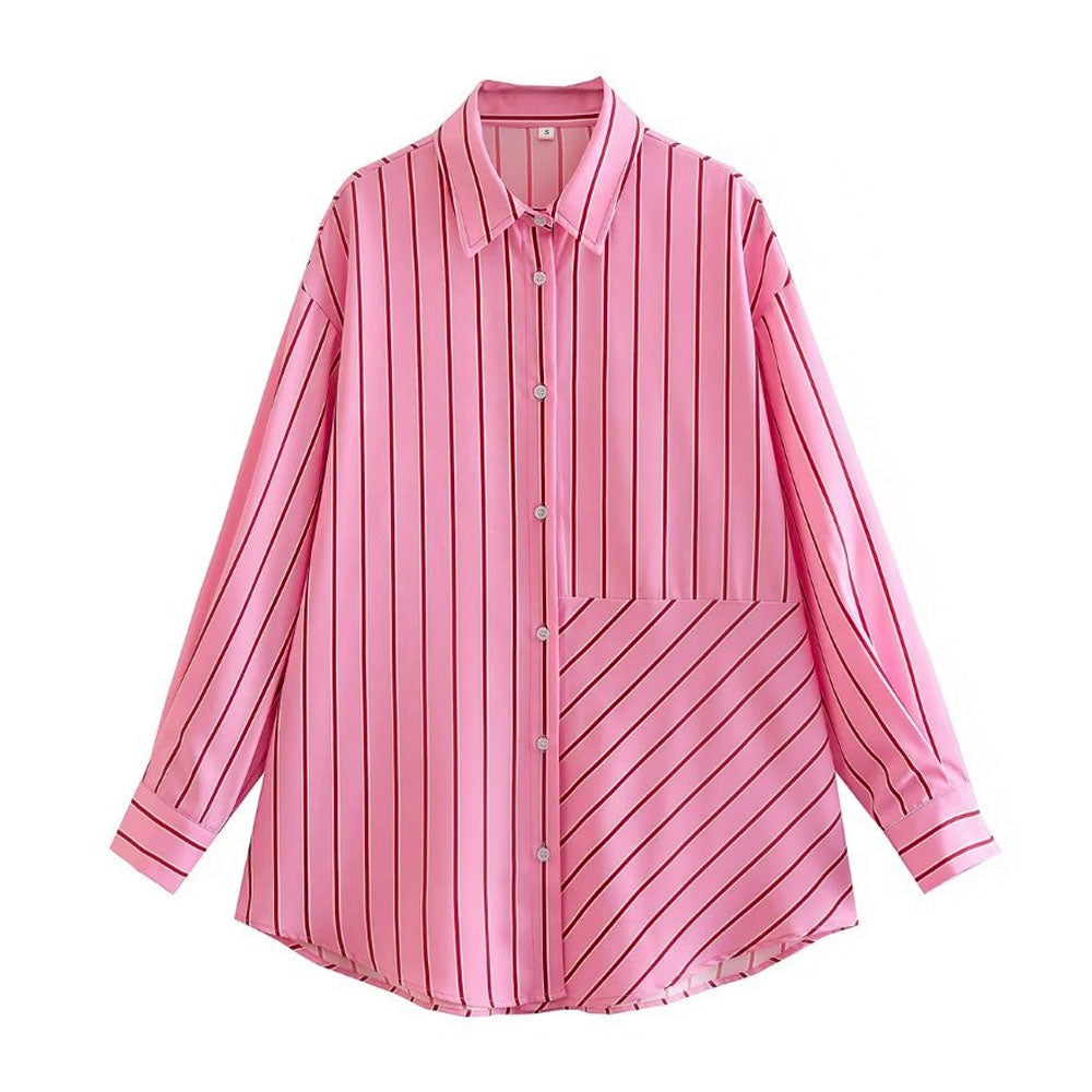Oversized Stripe Print Button Down Long Sleeve Pointed Collar Shirt - Pink - Fashionpara