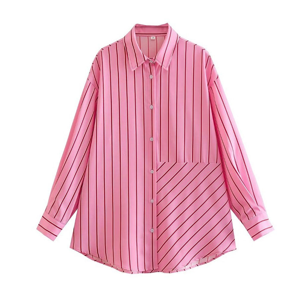 Oversized Stripe Print Button Down Long Sleeve Pointed Collar Shirt - Pink - Fashionpara