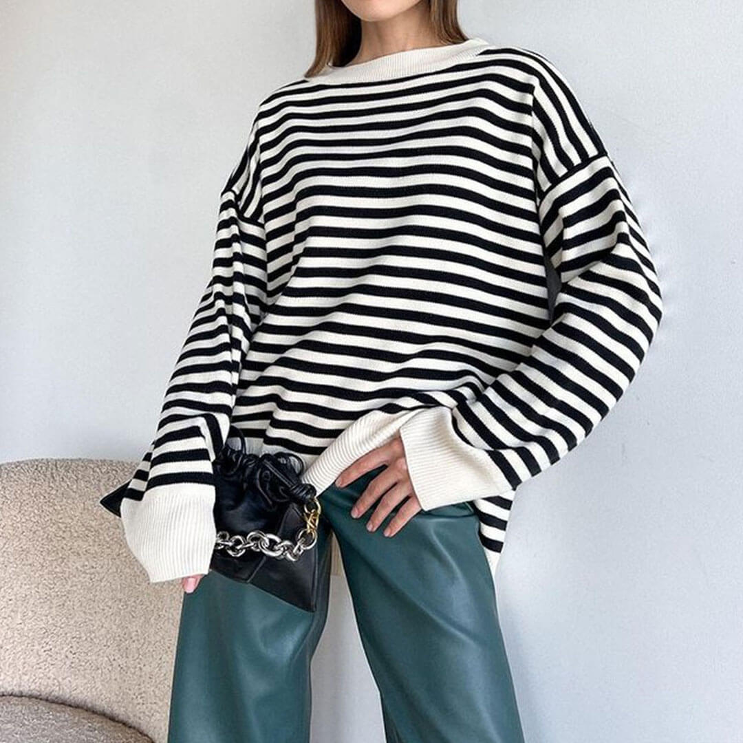 Striped Crew Neck Drop Shoulder Long Sleeve Sweater - Stripe 3
