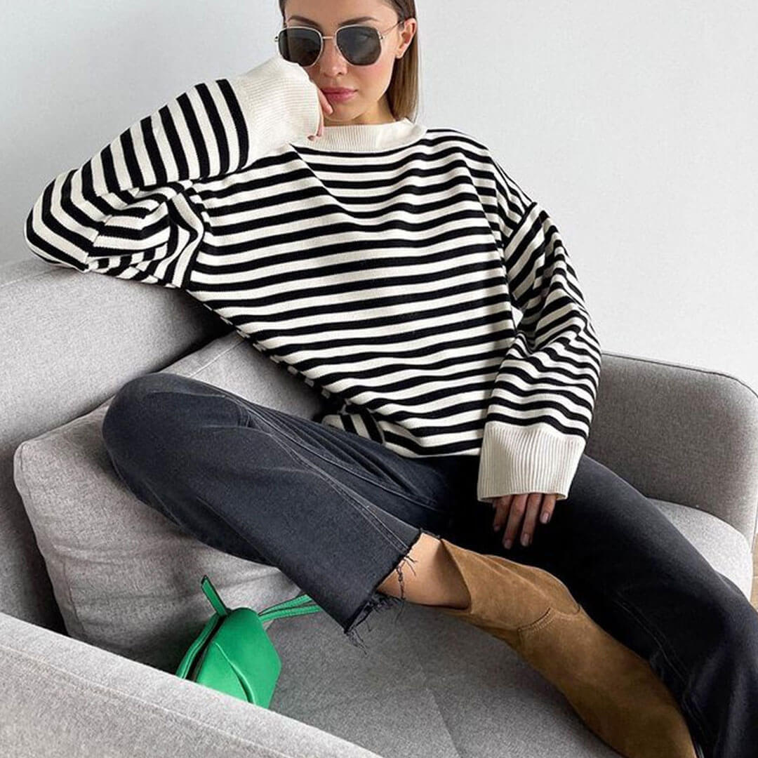 Striped Crew Neck Drop Shoulder Long Sleeve Sweater - Stripe 2