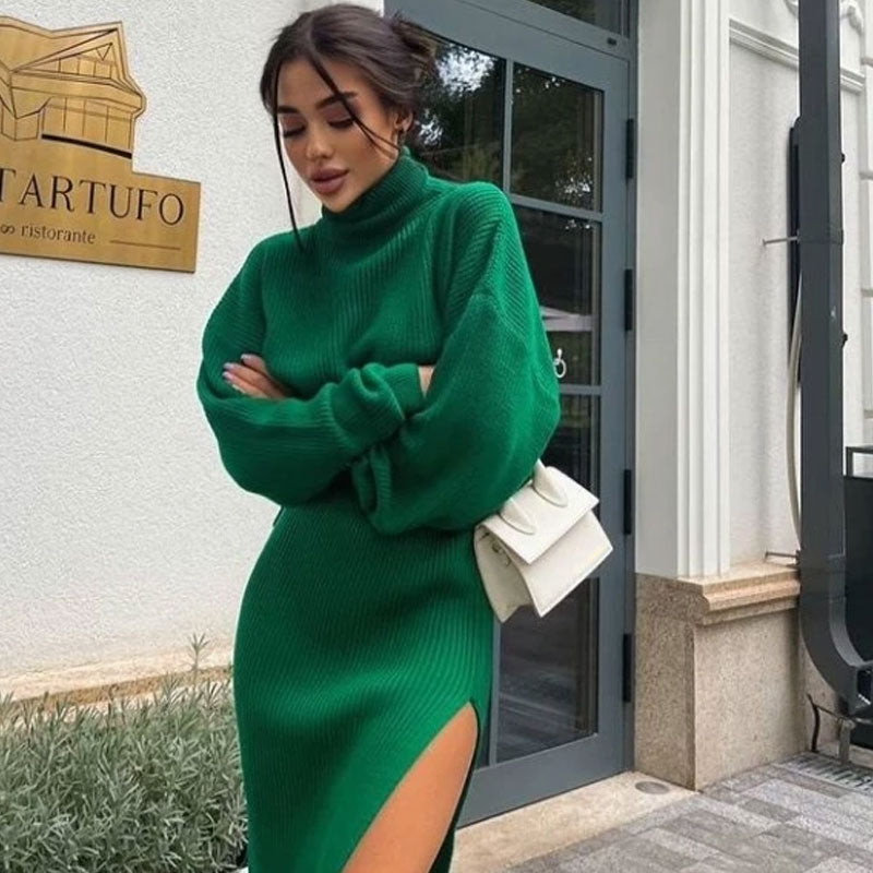 Emerald Green Oversized Turtleneck Sweater Midi Skirt Set