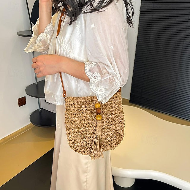 Tassel Bag Woven Boho Handbag Straw Crossbody
