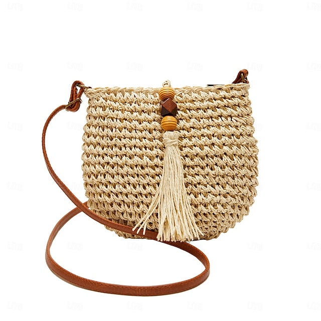 Tassel Bag Woven Boho Handbag Straw Crossbody