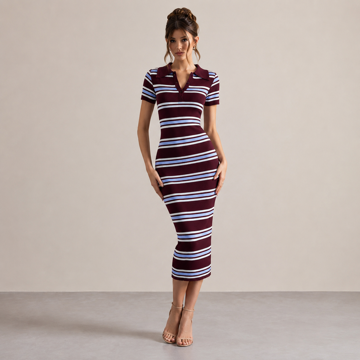 Striped Ribbed Knit Polo Collar Short Sleeve Bodycon Midi Dress