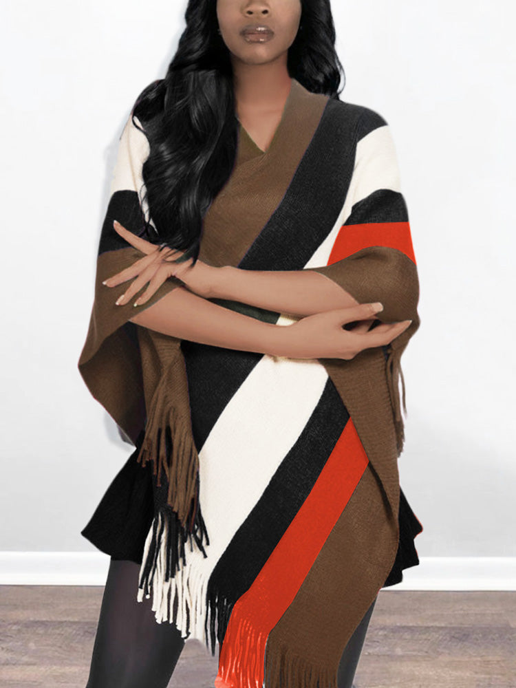 Knitted Striped Tassel Poncho 9