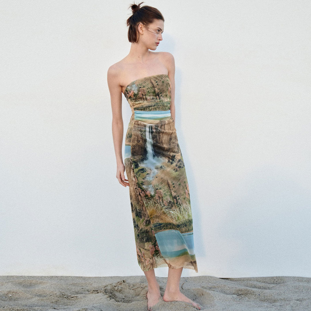 Painterly Print Ruched Mesh Strapless Split Midi Dress
