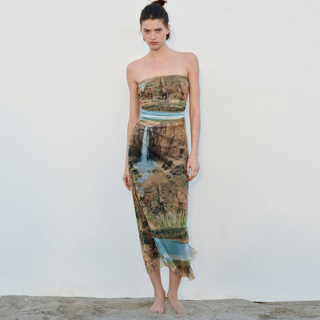 Painterly Printed Ruched Mesh Split Trim Strapless Midi Dress - Green - View 2