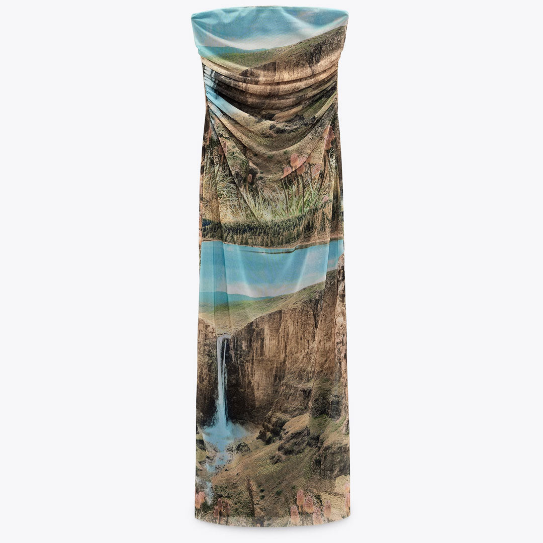 Painterly Printed Ruched Mesh Split Trim Strapless Midi Dress - Green - View 3