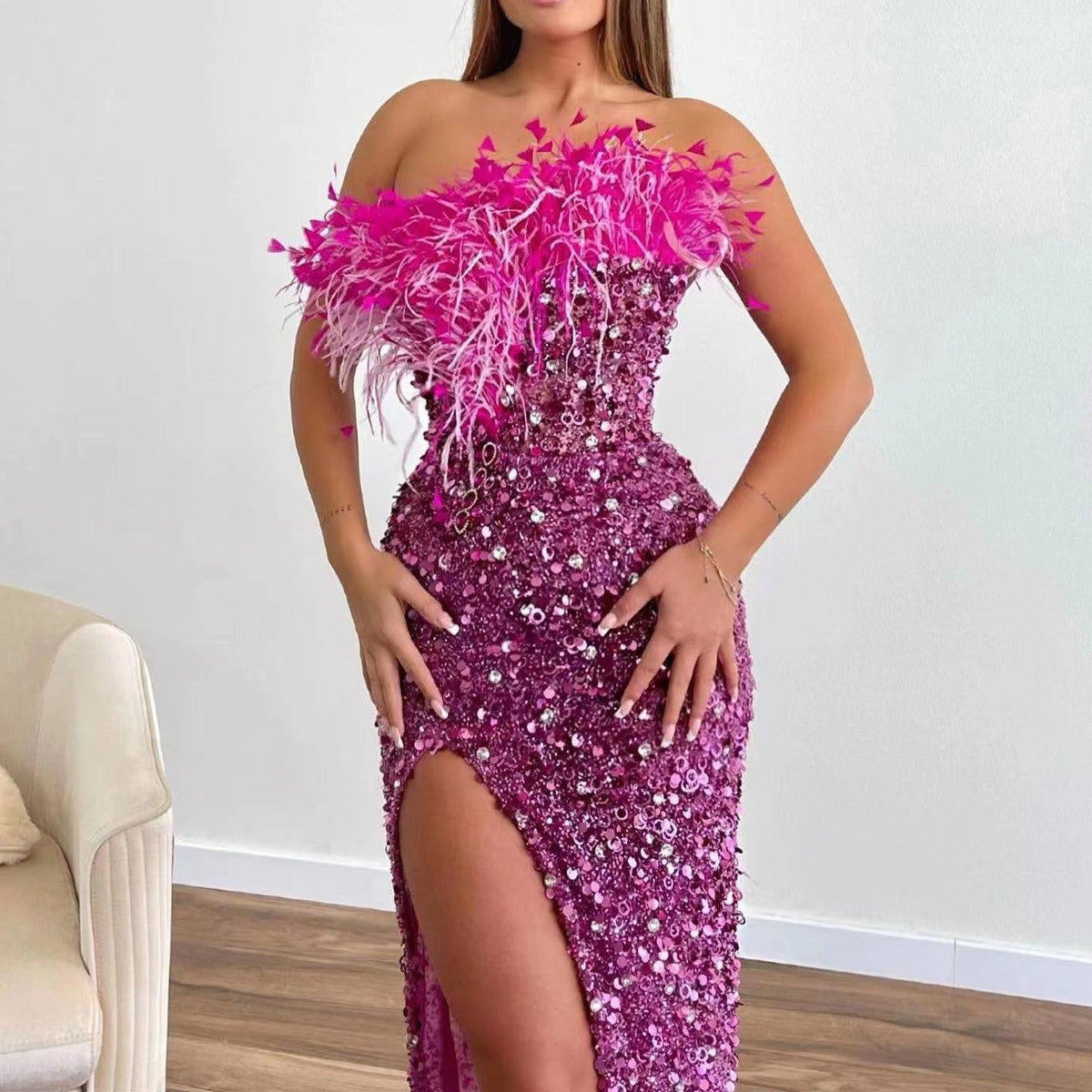 KittenAlarm - Parker Strapless Feather & Sequin Embellishment Side Slit Maxi Dress