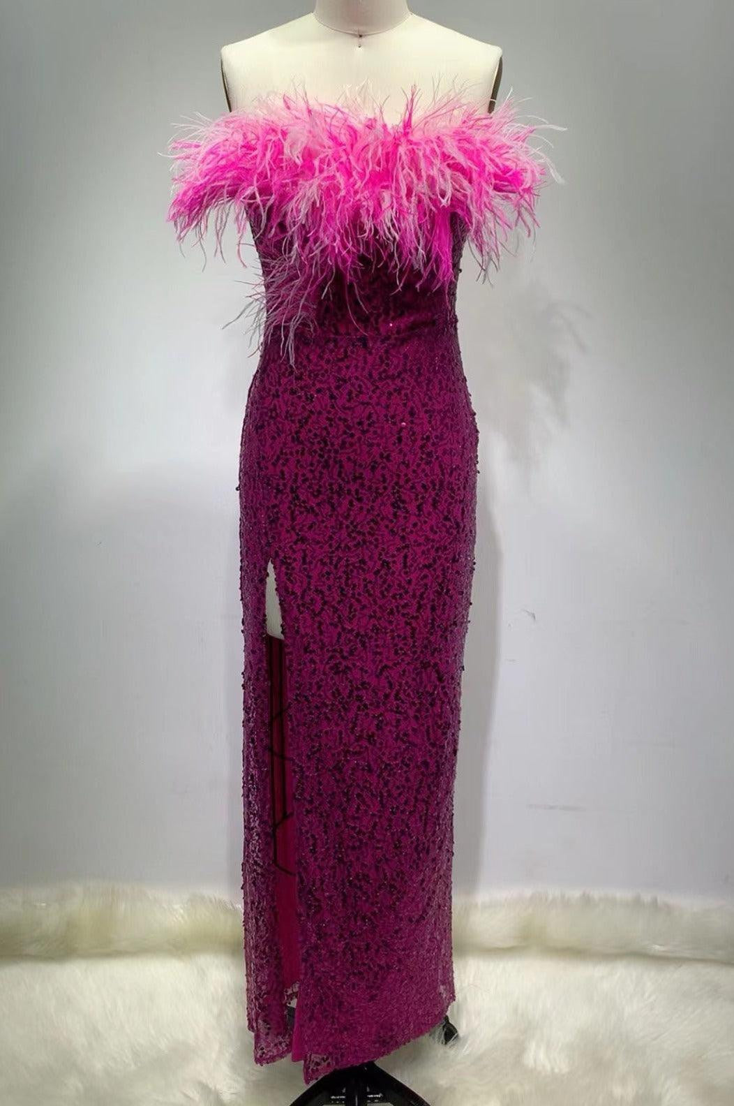 KittenAlarm - Parker Strapless Feather & Sequin Embellishment Side Slit Maxi Dress