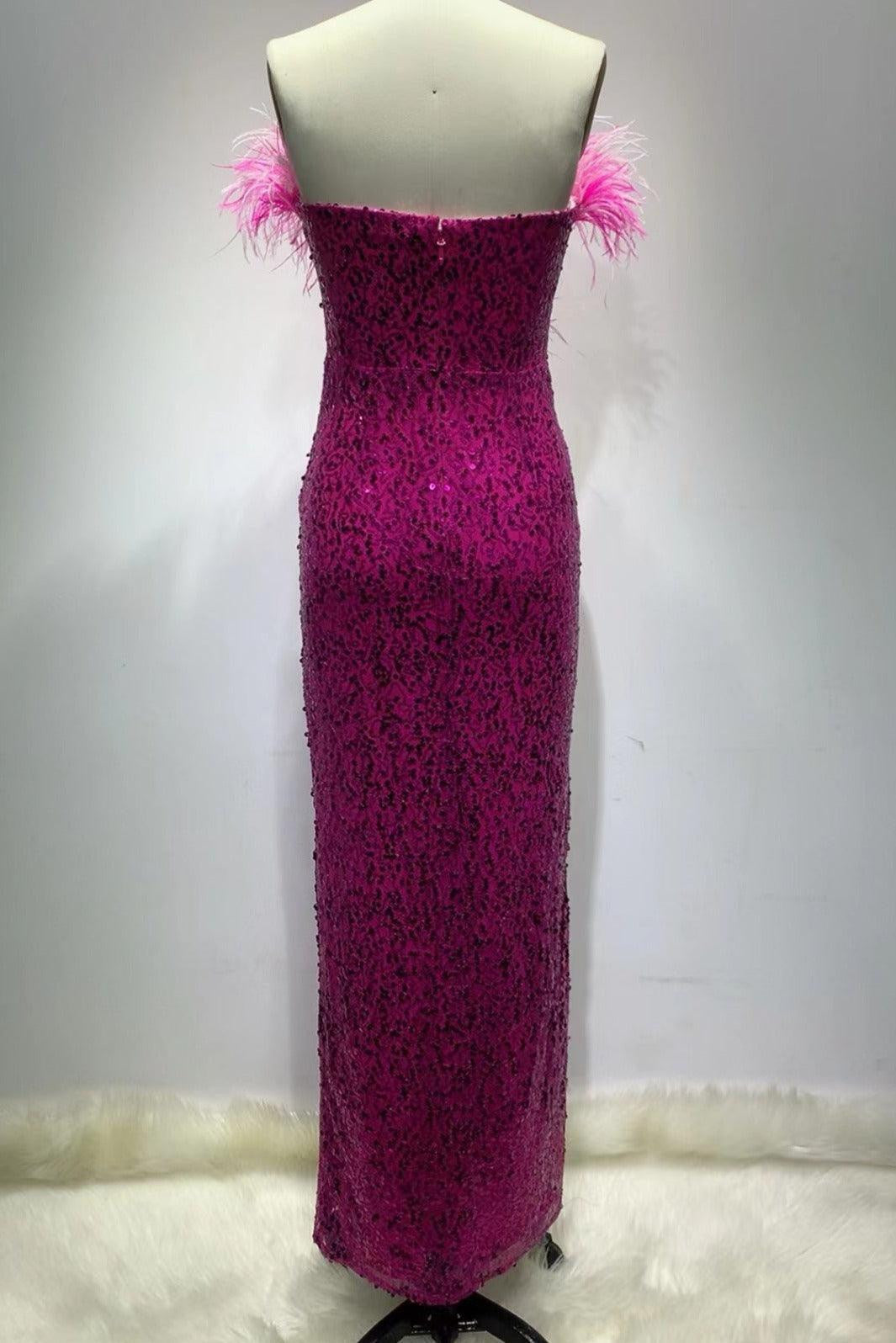 KittenAlarm - Parker Strapless Feather & Sequin Embellishment Side Slit Maxi Dress