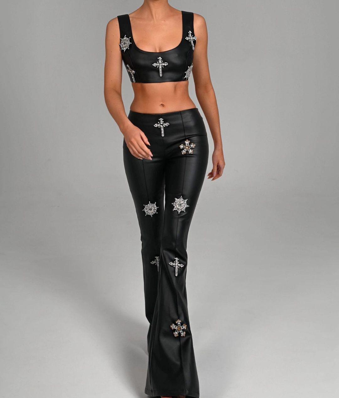 KittenAlarm - Paula Sleeveless Top & Flared Crystal Embellishment Pants Set