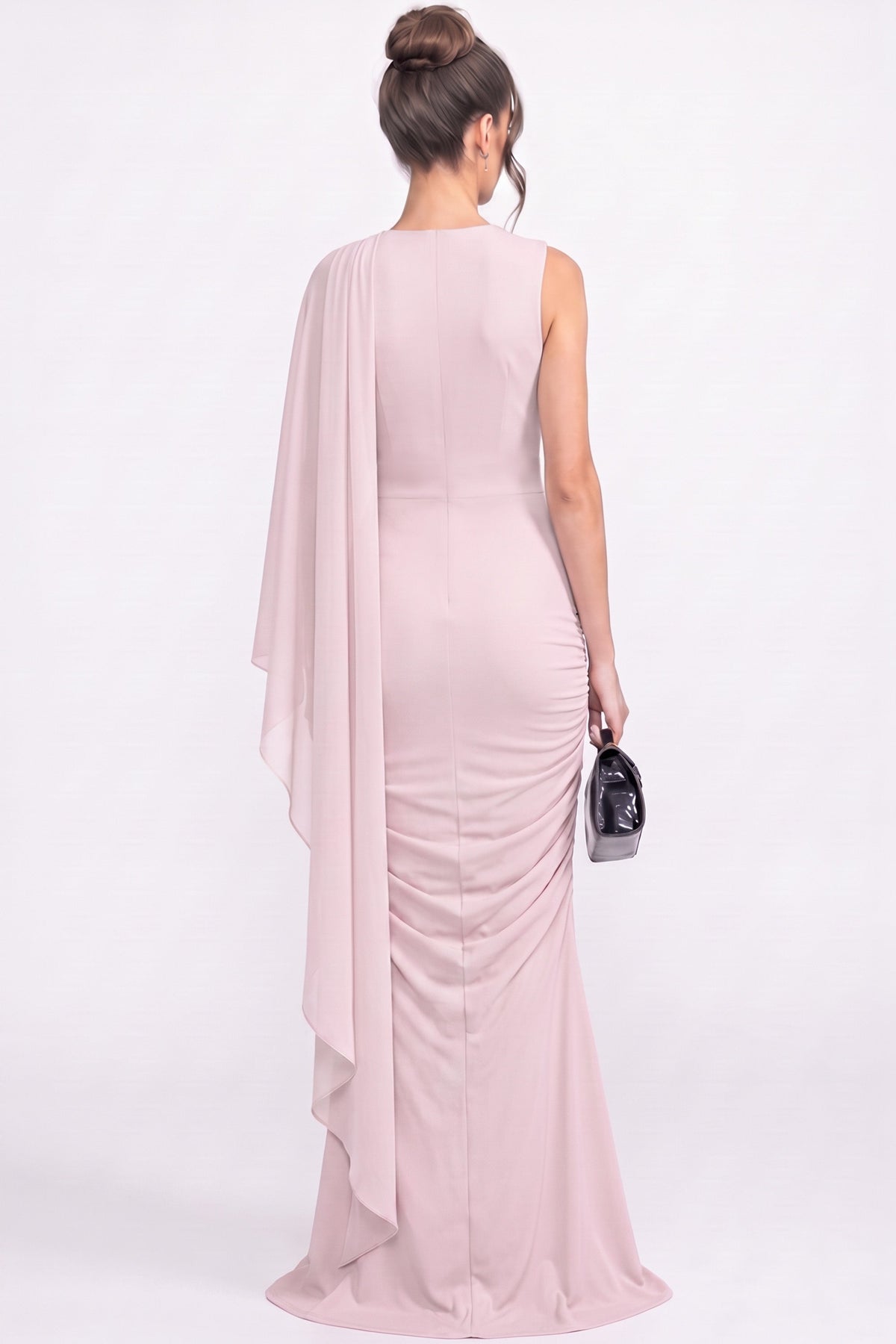 One Shoulder Sheer Drape Overlay Ruched Maxi Gown - View 4