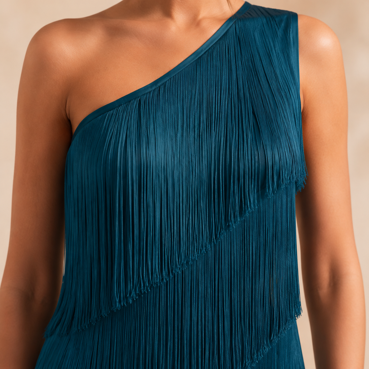 One Shoulder Tiered Tassel Fringe Bodycon Maxi Dress 14