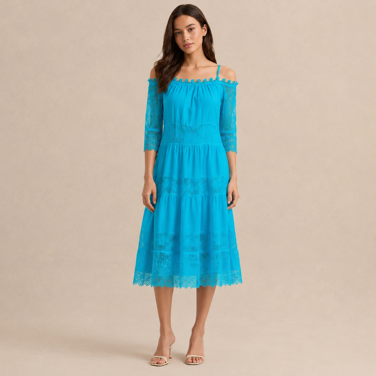 Off Shoulder Crochet Lace Trim Tiered Midi Dress 13