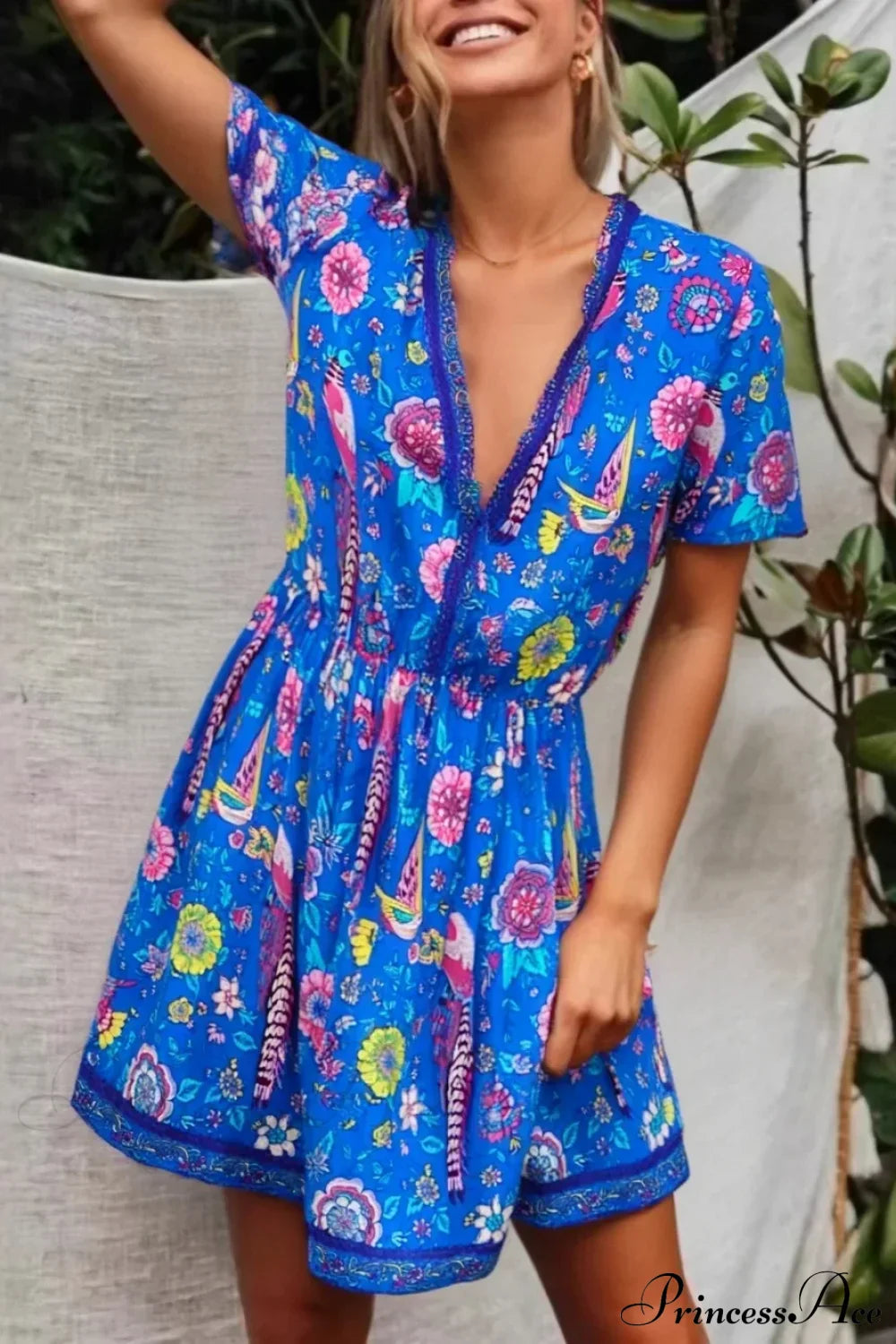Peacock Floral Deep V-neck Boho Dress Blue / S bohodress-250126