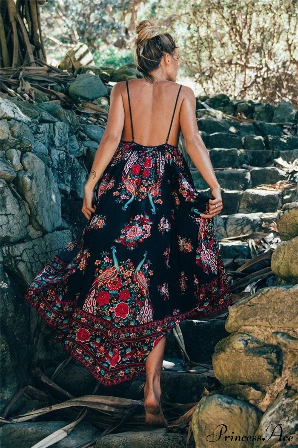 Peacock Floral Print Sleeveless Beach Bohemian Maxi Boho Dress