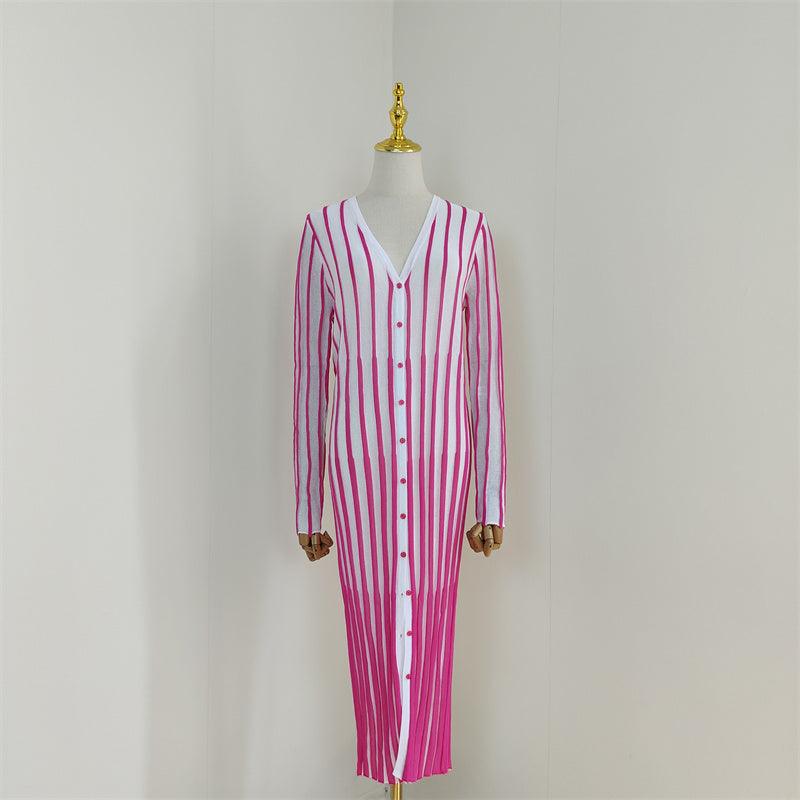 Striped Knit V-Neck Long Sleeve Button-Front Maxi Dress
