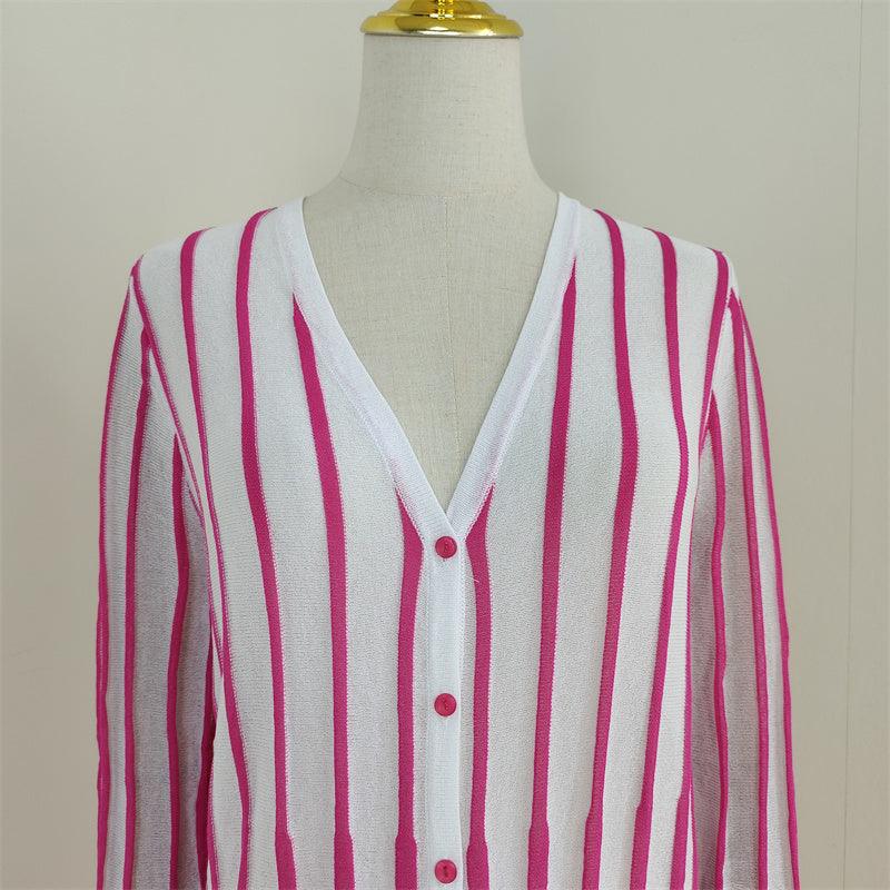 Striped Knit V-Neck Long Sleeve Button-Front Maxi Dress