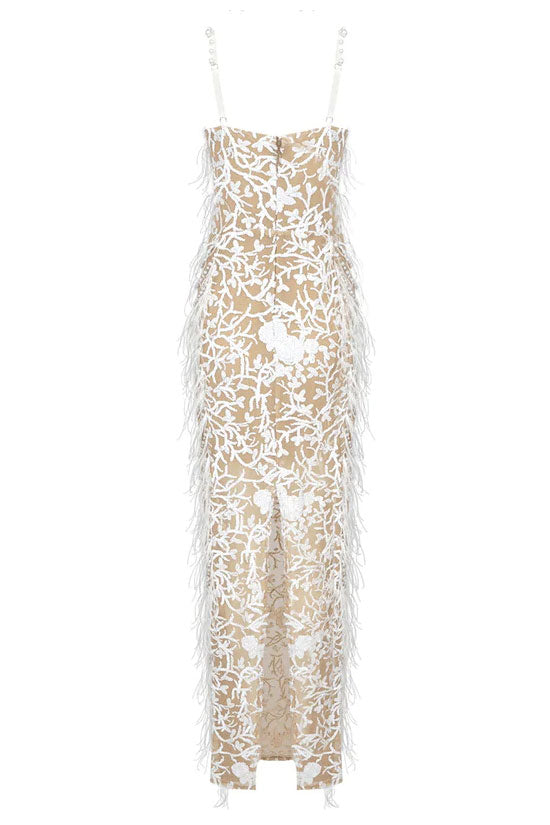 Sweetheart Spaghetti Strap Feather Trim Floral Maxi Dress - View 6