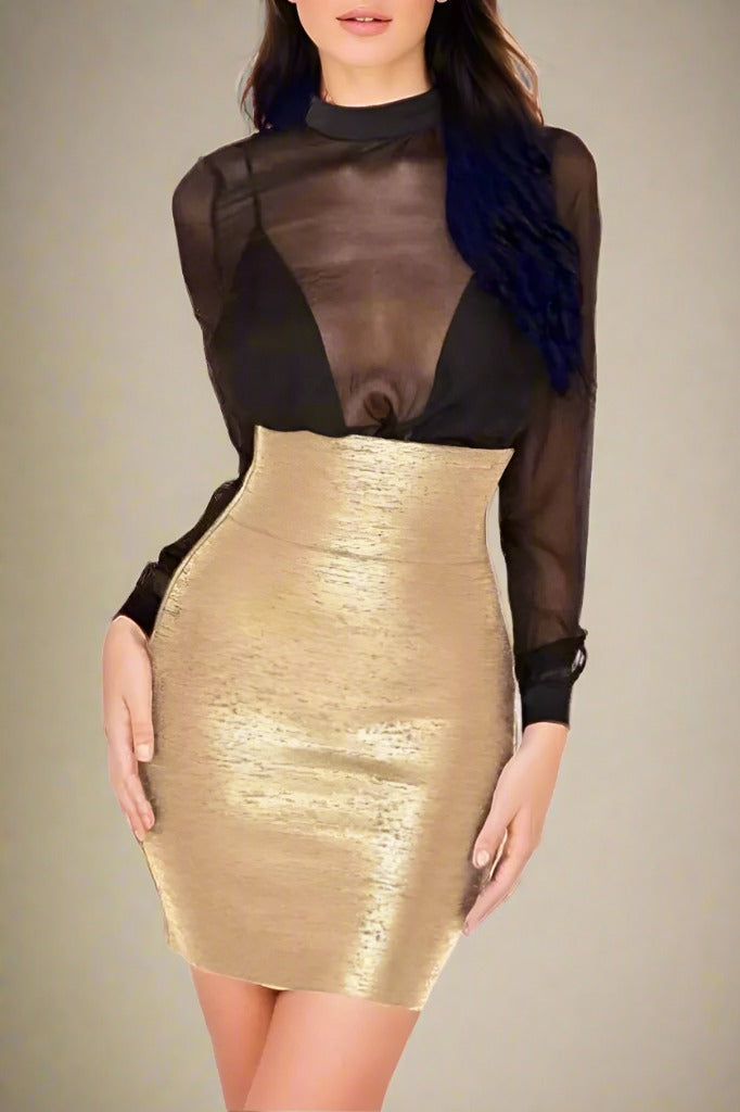 Pencil High Waist Leather Mini Skirt - Gold - Fashionpara