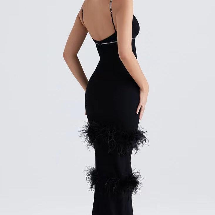 Penelope Sleeveless Deep V Neck Feather Maxi Dress - Fashionpara