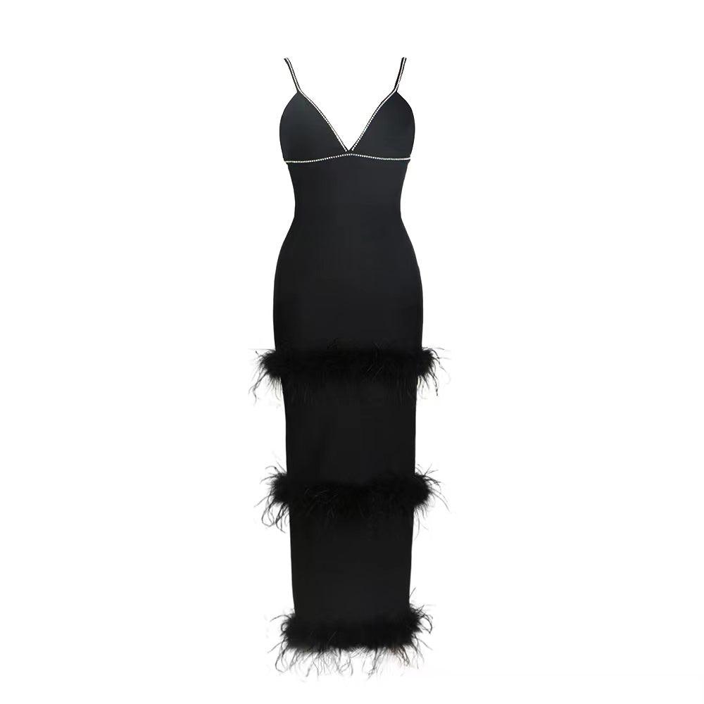 Penelope Sleeveless Deep V Neck Feather Maxi Dress - Fashionpara