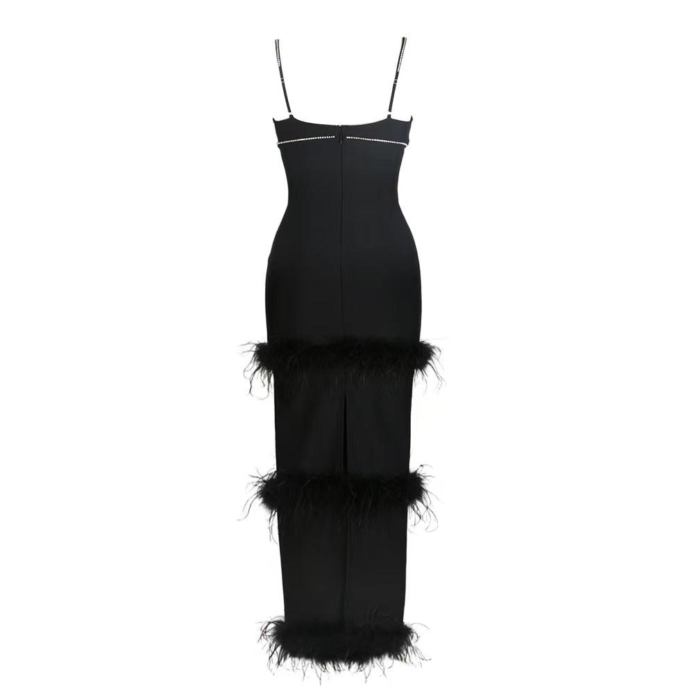 Penelope Sleeveless Deep V Neck Feather Maxi Dress - Fashionpara