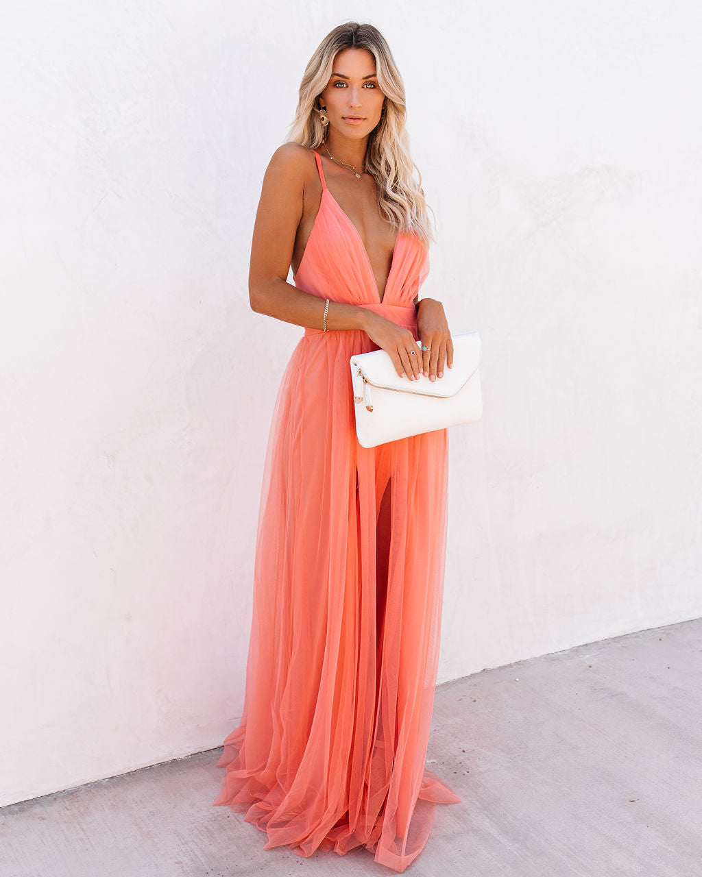 Tulle Plunge V-Neck Strappy Open Back Flowy Maxi Dress